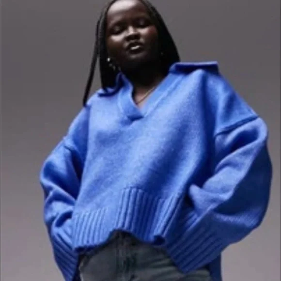 TOPSHOP KNITTED WIDE RIBBED COLLAR V-NECK DROP SHOULDERS CROP SWEATER BLUE SZ M - Picture 2 of 7